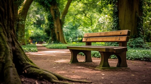 Una panchina in un parco con un albero sullo sfondo