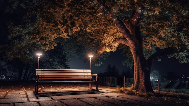 Una panchina in un parco con un albero sullo sfondo