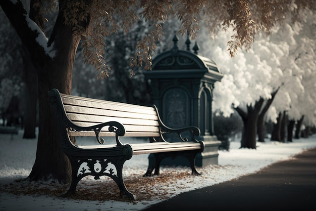 Una panchina in un parco con un cartello che dice "la parola inverno"