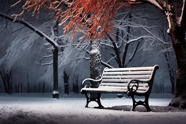 una panchina nella neve con un albero sullo sfondo.