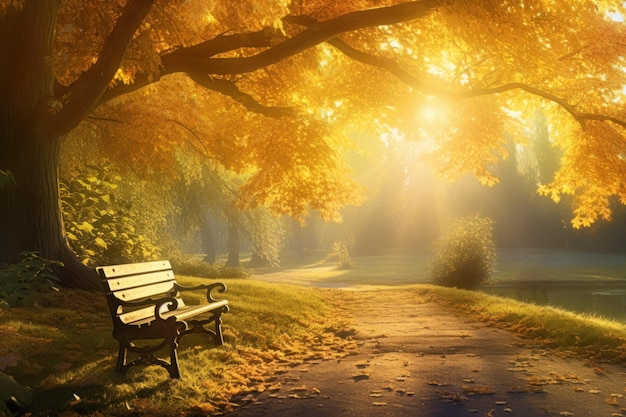Una panchina sotto un albero giallo accanto a un sentiero in un tranquillo parco autunnale illuminato da caldi raggi di sole