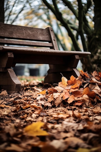 una panchina vuota del parco circondata da foglie cadute