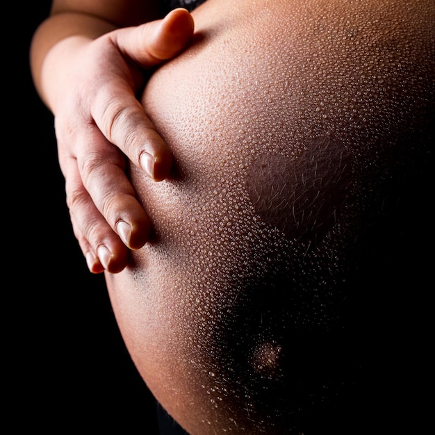 Una pancia di una donna incinta a forma di cuore e gocce d'acqua. Scattata in Studio con una 5D mark III.