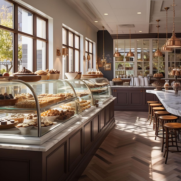 una panetteria con una mostra di pasticcini sul bancone