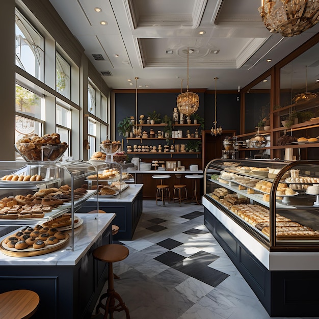 una panetteria con una vetrina di pasticcini e una grande finestra