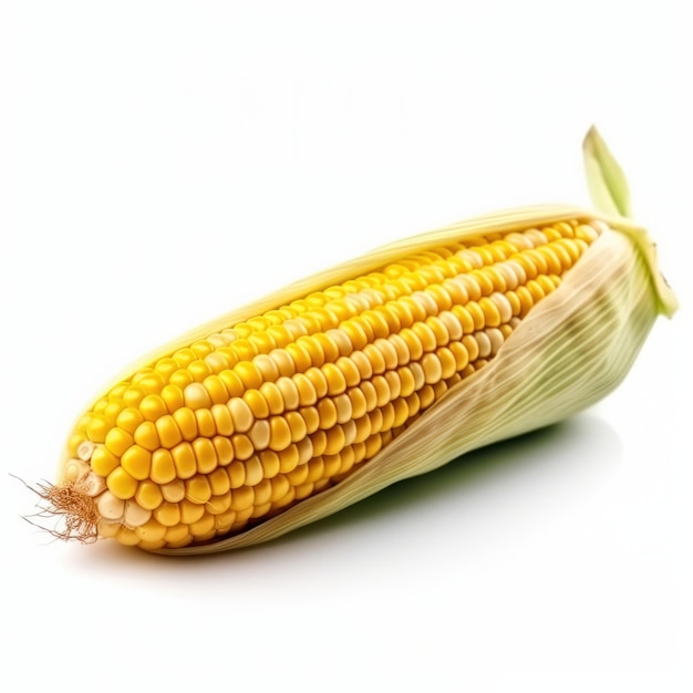 Una pannocchia di mais è mostrata su uno sfondo bianco.