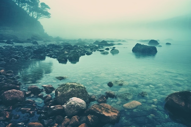 Una panoramica nebbiosa di un paesaggio marino surreale A causa dell'elaborazione incrociata dei colori, l'immagine ha un aspetto vintage retrò