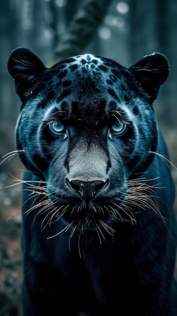 Una pantera nera con un occhio blu fissa la telecamera