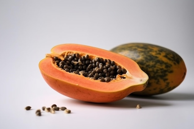 Una papaia tagliata a metà e semi su uno sfondo bianco.