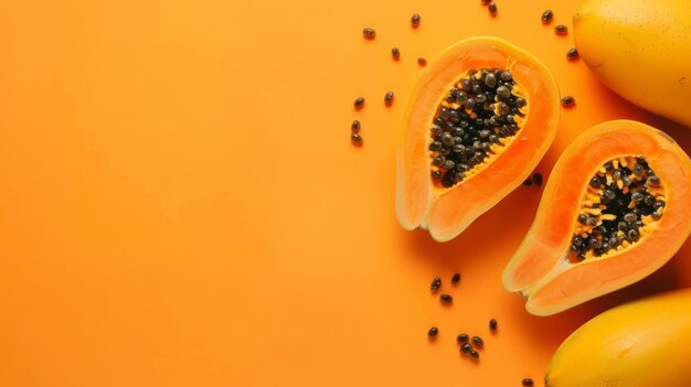 Una papaya matura circondata da alcune fette di papaya sullo sfondo arancione