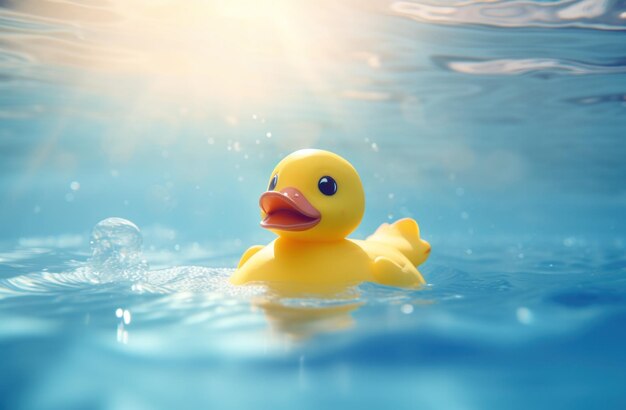 una papera di gomma in piscina con alcune luci del sole