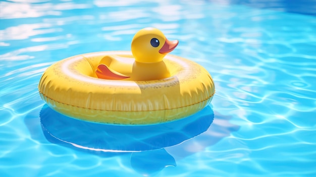 Una paperella di gomma gialla che galleggia su un galleggiante da piscina