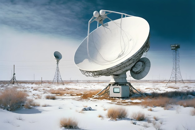 Una parabola satellitare con un cielo blu e un cartello bianco che dice "il big bang"