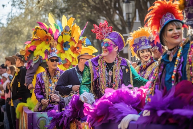 Una parata del mardi gras con carri colorati e festaioli danzanti creati con l'IA generativa