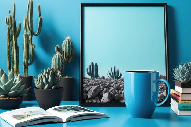 Una parete blu brillante incornicia una cornice nera con libri di cactus e una tazza di caffè