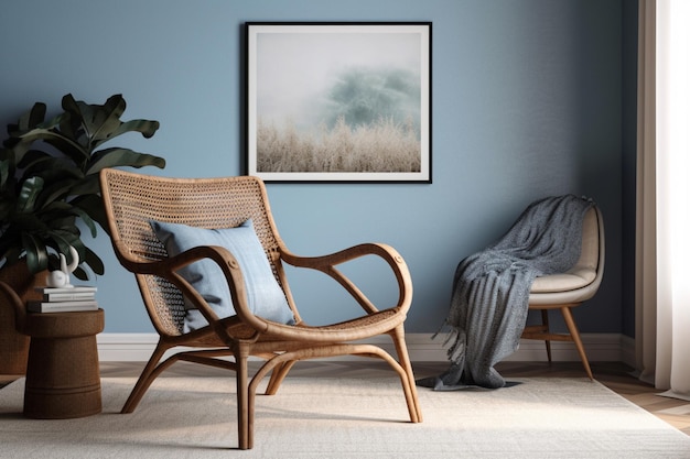 Una parete blu con l'immagine di un prato e una sedia nell'angolo.