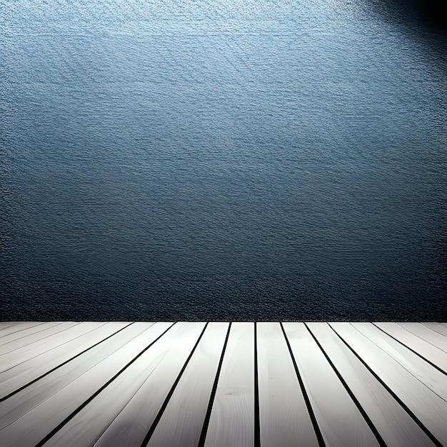 Una parete blu con un pavimento di legno e una luce sopra.