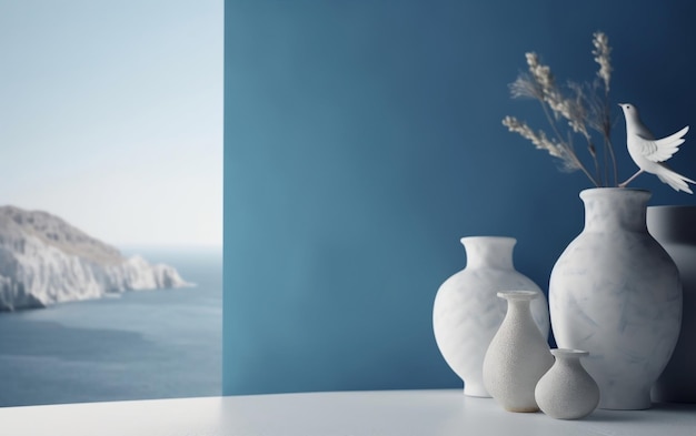 Una parete blu con vasi bianchi e fiori su un tavolo bianco.