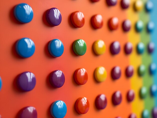 una parete colorata con un display colorato di pulsanti colorati