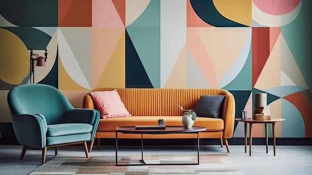 una parete colorata con una carta da parati colorata con un divano e un tavolino.