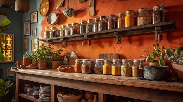 Una parete di spezie da cucina rustica e saporita adornata da colori vivaci