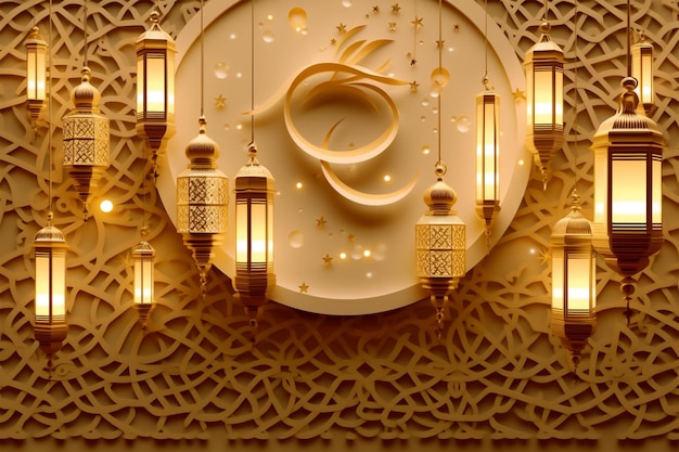 Una parete geometrica islamica dettagliata con una lanterna appesa Perfetto per il backgro del giorno della celebrazione islamica