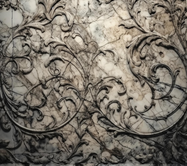 Una parete in marmo con al centro un disegno floreale.