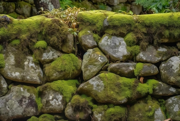 Una parete rocciosa con muschio e pietre