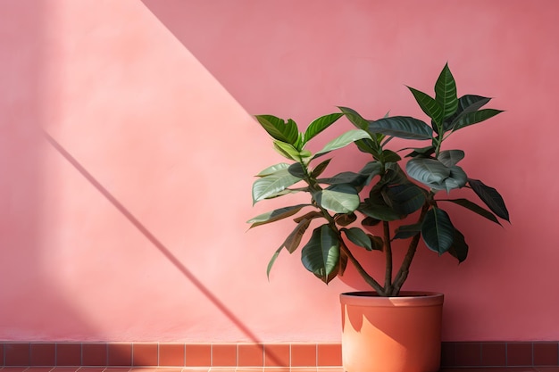 Una parete rosa con una pianta in una pentola e una foglia verde nel