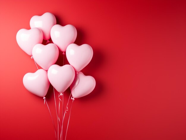 una parete rossa con molti palloncini a forma di cuore rosa con i cuori su di esso