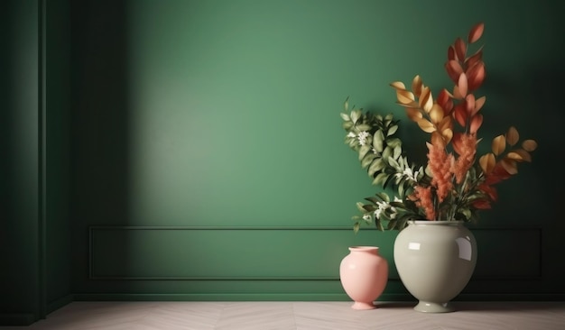 Una parete verde con dentro un vaso di fiori