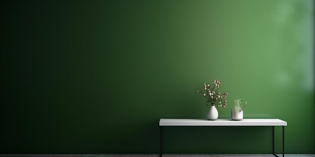 Una parete verde con un tavolo bianco e sopra un vaso di fiori.