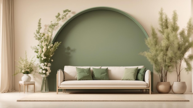 una parete verde con uno sfondo verde con un divano e fiori