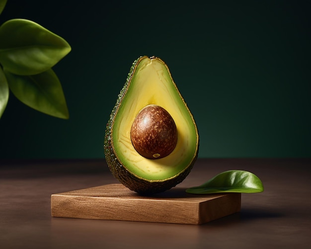 Una parete verde dietro un avocado con una foglia su di esso