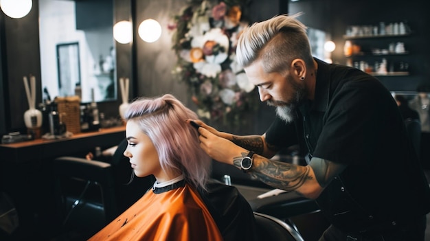 Una parrucchiera che taglia e colora i capelli in un salone