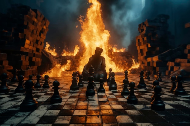 Una partita di scacchi apocalittica con fiamme intense.