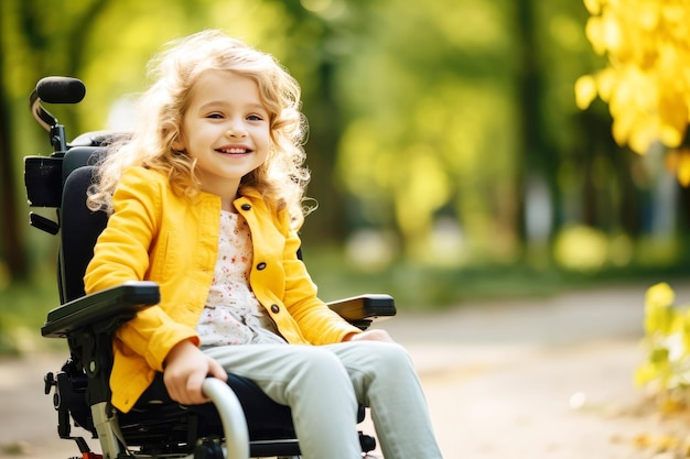 Una passeggiata di una bambina disabile con un sorriso nello spazio della copia della natura