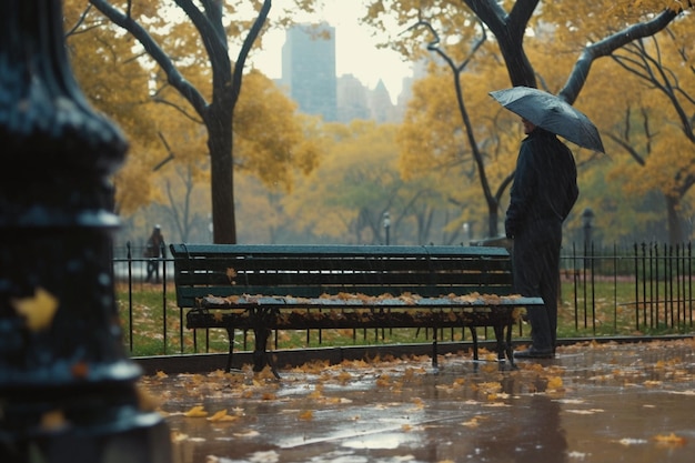 Una passeggiata in un giorno di pioggia Una figura lontana che si avvicina a una panchina di Central Park