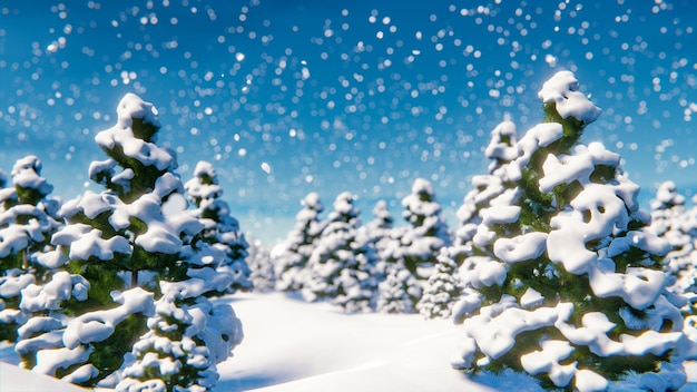 Una passeggiata nella foresta innevata tra gli alberi di Natale durante una nevicata rendering 3D
