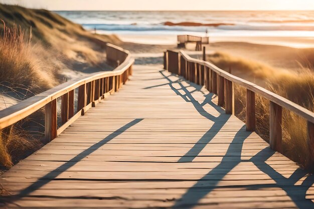 Una passerella conduce ad una spiaggia con una spiaggia sullo sfondo.