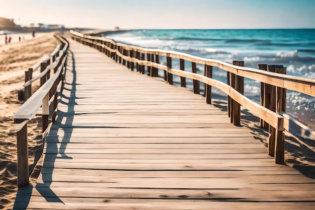 Una passerella conduce all'oceano con una passerella in legno.