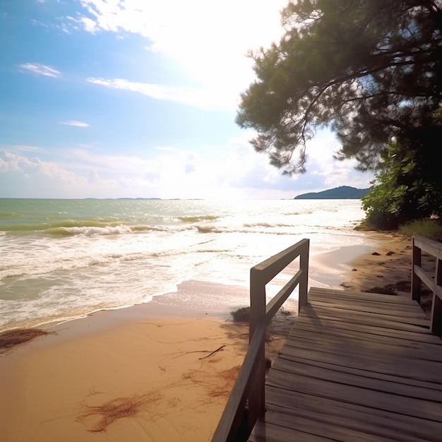 Una passerella conduce alla spiaggia e all'oceano.