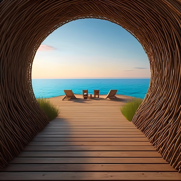 Una passerella di legno con due sedie su di essa che ha un oceano blu sullo sfondo.