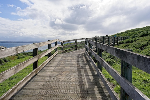 Una passerella di legno conduce al mare.