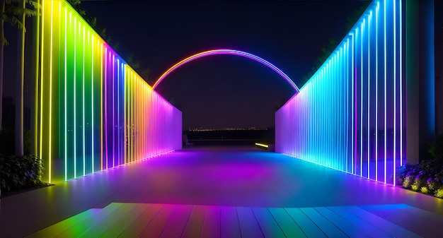 Una passerella illuminata che conduce a un tunnel