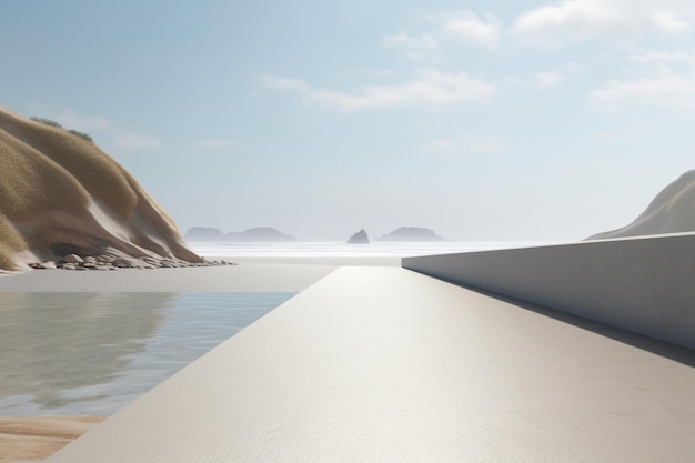 Una passerella in cemento con vista sull'oceano e una roccia sullo sfondo.