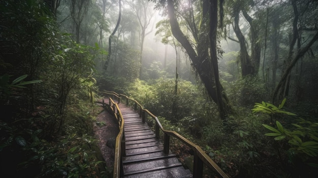 Una passerella in legno conduce attraverso una foresta con uno sfondo nebbioso.