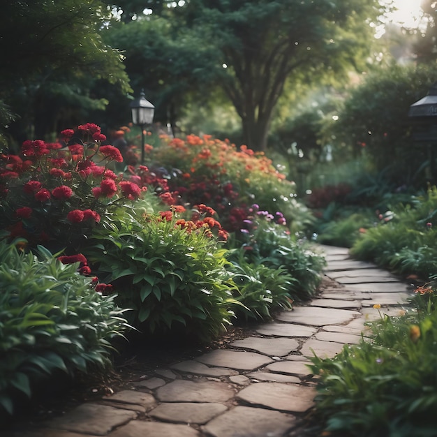 una passerella porta a un giardino con fiori e una lampada