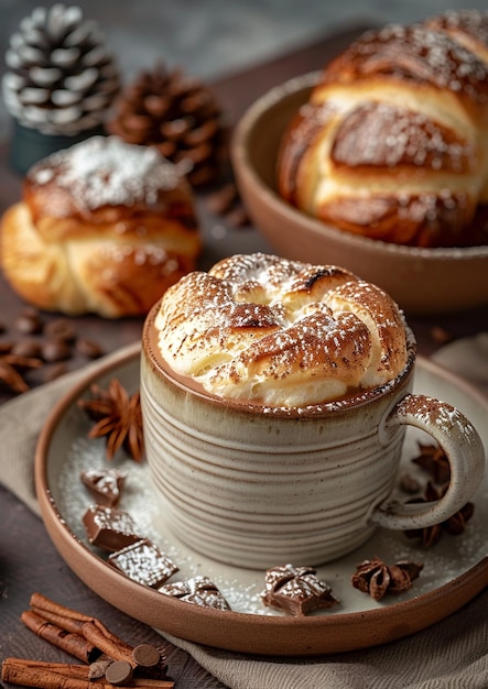 una pasticceria con un nome su di essa si siede su un piatto con una tazza di caffè