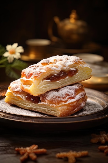 una pasticceria con un riempimento di crema si siede su un piatto